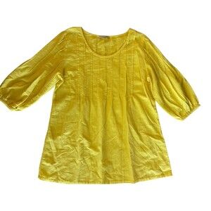 Soft Surroundings Womens Cotton‎ Blouse Sz L Yellow 1/4 Ballon Sleeve